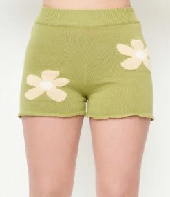 Blue Blush Olive Green & Tan Floral Knit Shorts