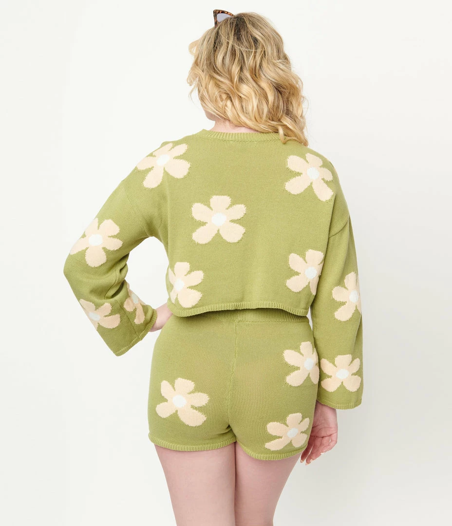 Blue Blush Olive Green & Tan Floral Knit Shorts