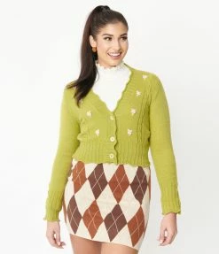 Blue Blush Apple Green Floral Cable Knit Cardigan Sale