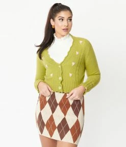 Blue Blush Apple Green Floral Cable Knit Cardigan Sale