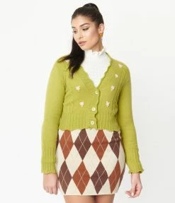 Blue Blush Apple Green Floral Cable Knit Cardigan Sale