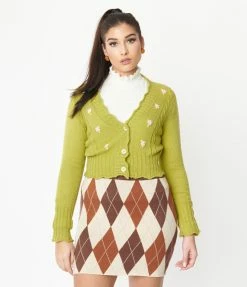 Blue Blush Apple Green Floral Cable Knit Cardigan Sale