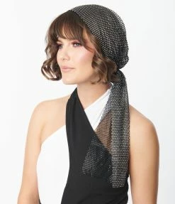 Western Fashion Black Mesh & Silver Rhinestone Headscarf