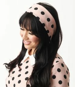 Unique Vintage Light Pink & Black Polka Dots Hair Scarf Hair Accessories