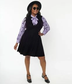 Sale Smak Parlour Plus Size Purple Velvet & Scaredy Cat Print She.E.O. Flare Dress