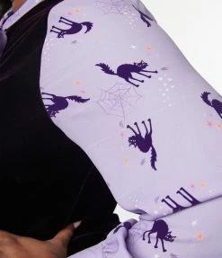 Sale Smak Parlour Plus Size Purple Velvet & Scaredy Cat Print She.E.O. Flare Dress