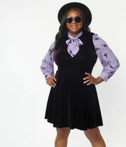Sale Smak Parlour Plus Size Purple Velvet & Scaredy Cat Print She.E.O. Flare Dress