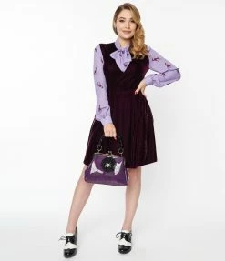 Smak Parlour Purple Velvet & Scaredy Cat Print She.E.O. Flare Dress