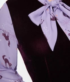 Smak Parlour Purple Velvet & Scaredy Cat Print She.E.O. Flare Dress