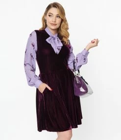 Smak Parlour Purple Velvet & Scaredy Cat Print She.E.O. Flare Dress