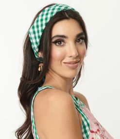 Unique Vintage Green & White Gingham Print Hair Scarf
