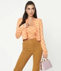Blue Blush Orange Check Crop Top & Cardigan Sweater Set Sale