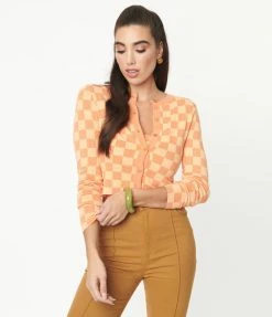 Blue Blush Orange Check Crop Top & Cardigan Sweater Set Sale