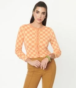 Blue Blush Orange Check Crop Top & Cardigan Sweater Set Sale