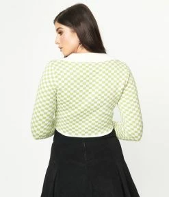 Blue Blush Green & Ivory Check Crop Cardigan Sale