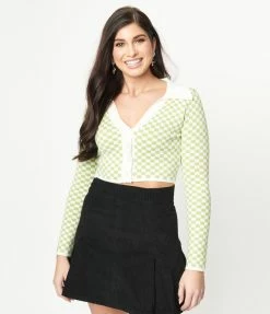 Blue Blush Green & Ivory Check Crop Cardigan Sale