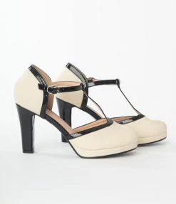 Unique Vintage Beige T-Strap Heels Trending