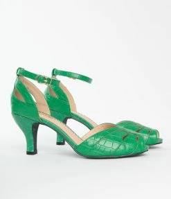 Unique Vintage Green Crocodile Peep Toe Heels
