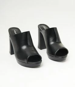 Unique Vintage Black Open Toe Mule Heels