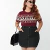 Unique Vintage Plus Size 1950s Burgundy Coffin Knit Fair Isle Sweater