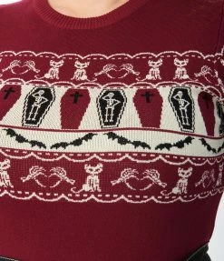Unique Vintage Plus Size 1950s Burgundy Coffin Knit Fair Isle Sweater