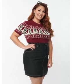 Unique Vintage Plus Size 1950s Burgundy Coffin Knit Fair Isle Sweater
