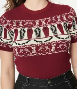 Unique Vintage 1950s Burgundy Coffin Knit Fair Isle Sweater Clothing