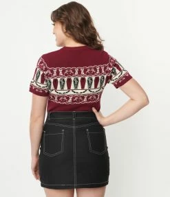 Unique Vintage 1950s Burgundy Coffin Knit Fair Isle Sweater Clothing