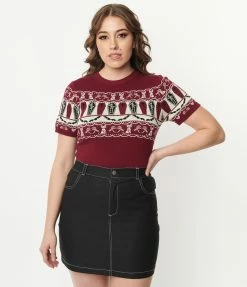 Unique Vintage 1950s Burgundy Coffin Knit Fair Isle Sweater Clothing