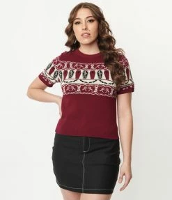 Unique Vintage 1950s Burgundy Coffin Knit Fair Isle Sweater Clothing