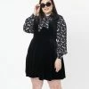 Smak Parlour Plus Size Black Velvet & Spooky Bat Print She.E.O. Flare Dress