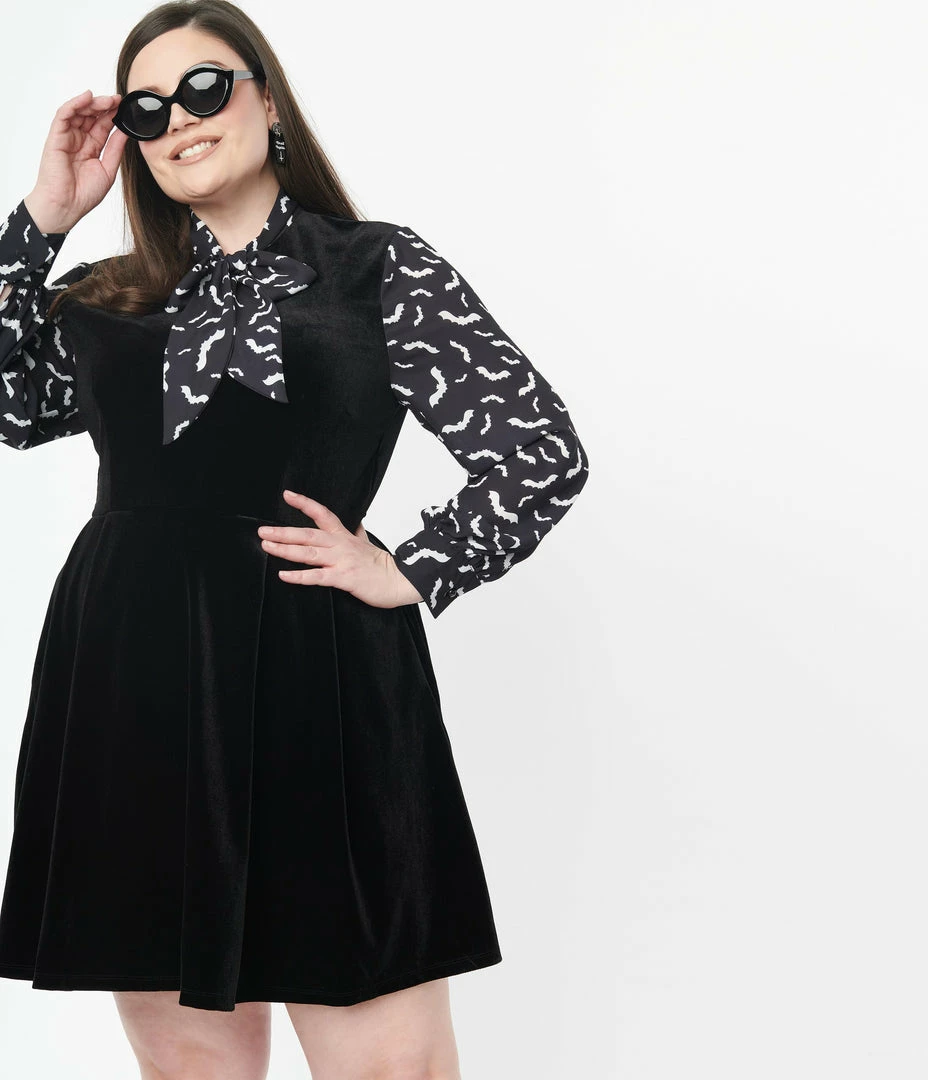 Smak Parlour Plus Size Black Velvet & Spooky Bat Print She.E.O. Flare Dress