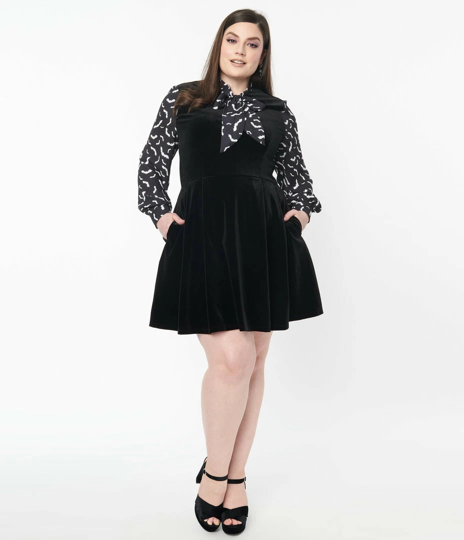 Smak Parlour Plus Size Black Velvet & Spooky Bat Print She.E.O. Flare Dress