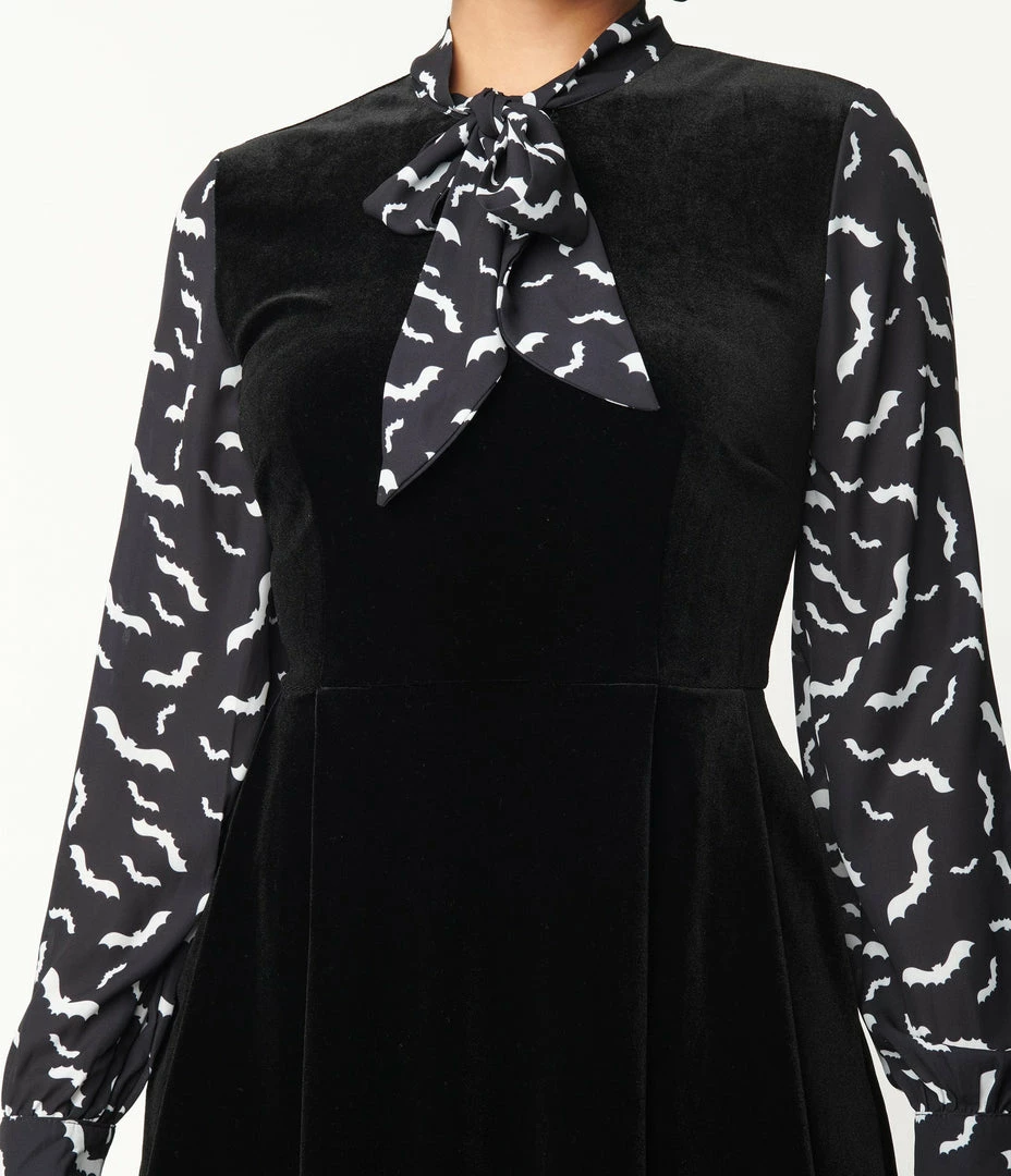 Sale Smak Parlour Black Velvet & Spooky Bat Print She.E.O. Flare Dress