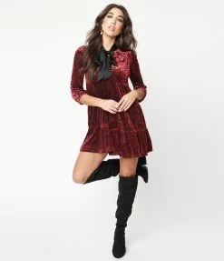 Sugar Lips Sale Burgundy Devore Velvet Babydoll Dress