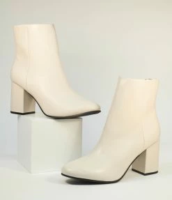 Lets See Style Off White Midi Block Heel Booties