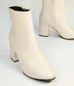 Lets See Style Off White Midi Block Heel Booties