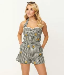 SHEEN Clothing Ltd Black Gingham & Yellow Sunflower Davia Romper