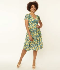 SHEEN Clothing Ltd 1950s Blue & Lemon Print Swing Dress Sale