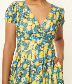 SHEEN Clothing Ltd 1950s Blue & Lemon Print Swing Dress Sale