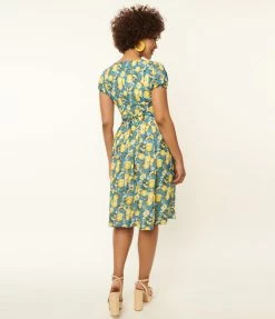 SHEEN Clothing Ltd 1950s Blue & Lemon Print Swing Dress Sale