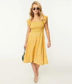 SHEEN Clothing Ltd Golden Yellow & Navy Floral Bree Swing Dress Sale