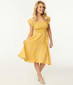 SHEEN Clothing Ltd Golden Yellow & Navy Floral Bree Swing Dress Sale