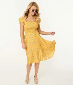 SHEEN Clothing Ltd Golden Yellow & Navy Floral Bree Swing Dress Sale