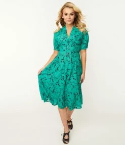 SHEEN Clothing Ltd Sale Retro Style Green & Black Floral Swing Dress
