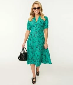 SHEEN Clothing Ltd Sale Retro Style Green & Black Floral Swing Dress