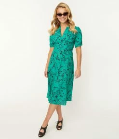 SHEEN Clothing Ltd Sale Retro Style Green & Black Floral Swing Dress