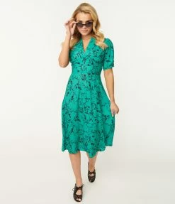 SHEEN Clothing Ltd Sale Retro Style Green & Black Floral Swing Dress