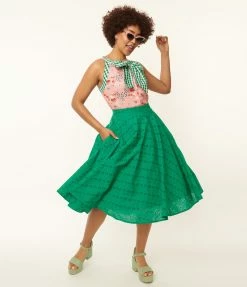 SHEEN Clothing Ltd Green Floral Eyelet Angelina Swing Skirt
