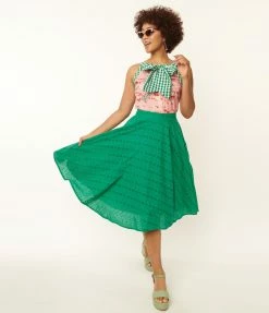 SHEEN Clothing Ltd Green Floral Eyelet Angelina Swing Skirt